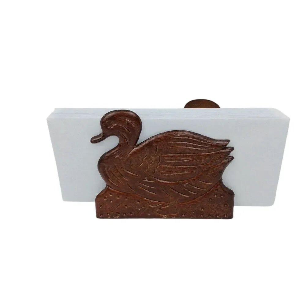 Vintage Wooden Duck Mallard Napkin Mail Holder Carved Office MCM